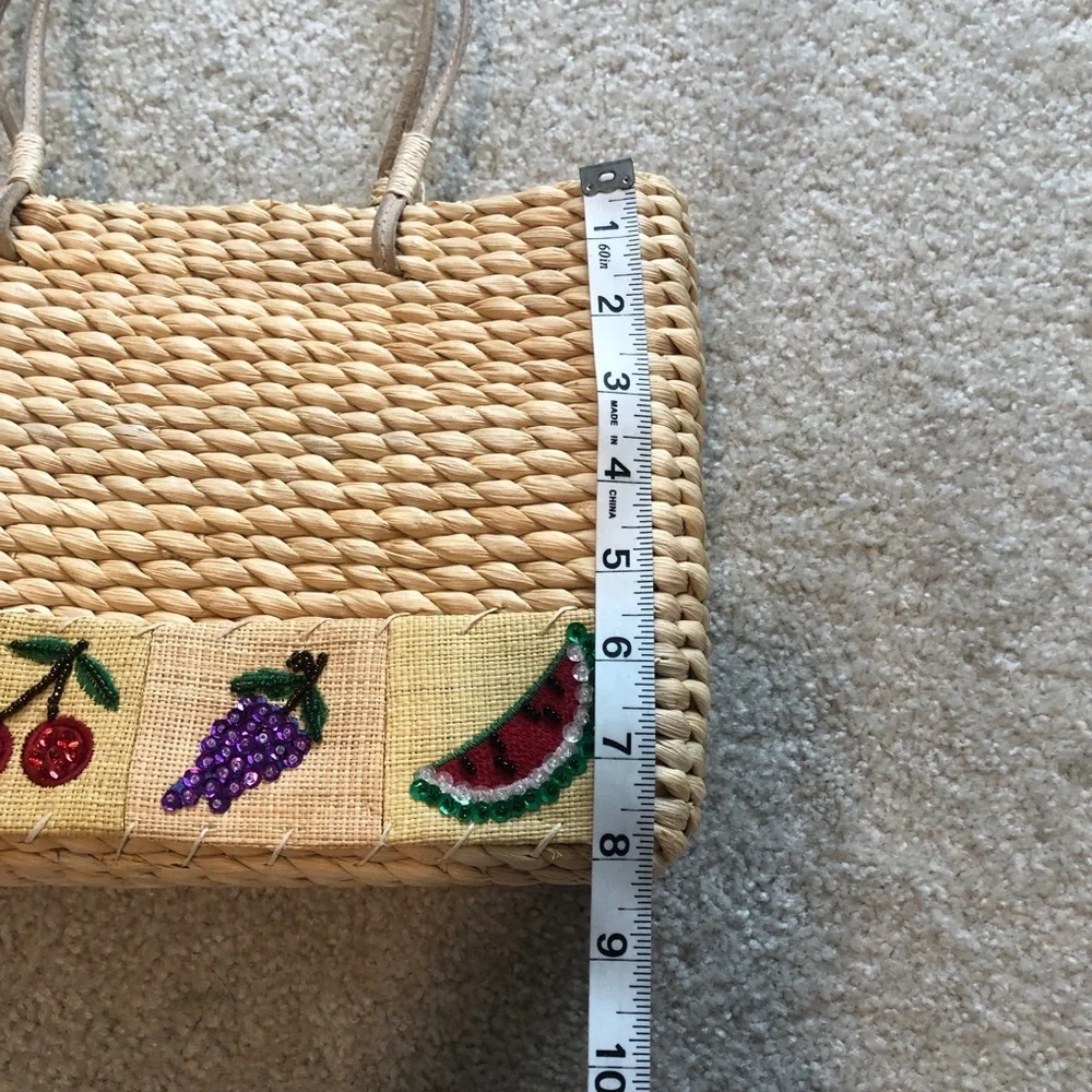 Xhilaration Vintage Wicker Purse Embroidered Beaded Fruit Medium Size Bag